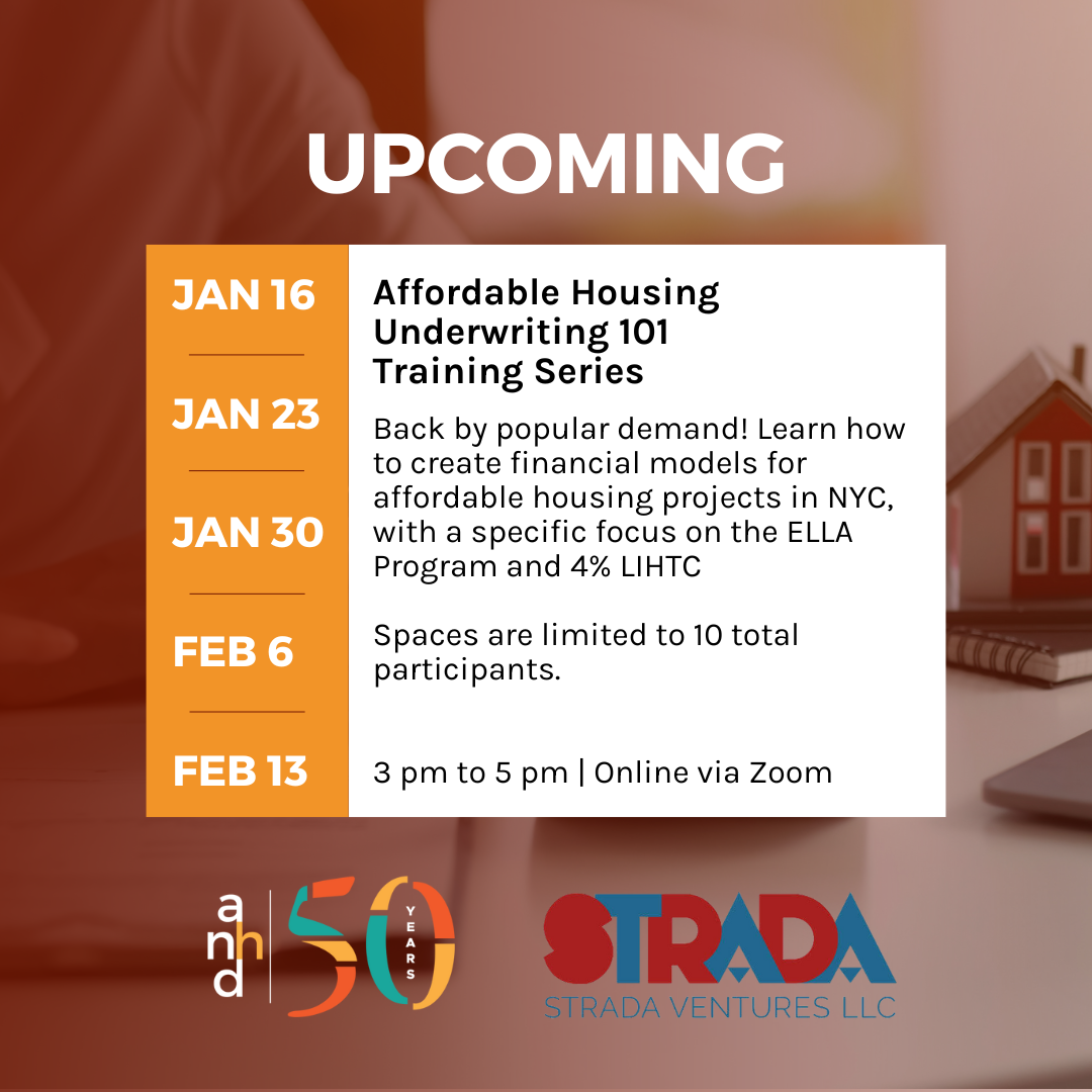 Orange and white text box on top of image with red tint. Text reads: Upcoming with the dates January 16th, 23rd, 30th and February 6th and 13th followed by a description of the Affordable Housing Underwriting 101 Training Series.